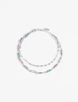 Tobillera doble de cadena plateada con dijes rectangulares de vidrio en tonos pastel multicolor.