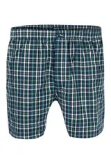 Calzoncillo tipo bóxer de tela a cuadros, en tonos azul marino, verde y blanco, con cintura elástica y pequeña etiqueta con logo en la parte central.