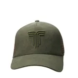 Gorra tipo trucker de Tiffosi, confeccionada en pana color verde oliva con paneles traseros de malla. Presenta un logo bordado en relieve en la parte frontal.