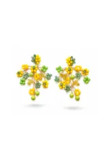 Caravanas colgantes de diseño artesanal, compuestas por múltiples ramas de alambre fino con cuentas de cristal en tonos amarillo y verde lima. Presentan un diseño orgánico y liviano con cierre de perno.