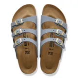 Sandalias Birkenstock modelo Florida en color gris basalto, con tres correas ajustables con hebillas metálicas doradas, plantilla de corcho anatómica y suela de goma negra.