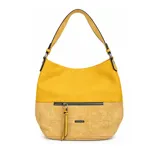 Cartera tipo hobo de diseño bicolor en tonos amarillo y mostaza, con textura combinada de cuero sintético liso y efecto gamuzado. Cuenta con un compartimento frontal con cierre, tira colgante decorativa, placa metálica con logo de la marca y asa corta para llevar al hombro.