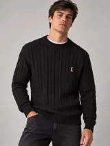 Buzo tejido de punto con diseño de trenzas en color negro, cuello redondo y manga larga, con detalle de pequeño bordado en el pecho.