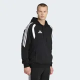 Canguro deportivo Adidas de corte holgado, confeccionado en tejido polar. Presenta capucha con cordón de ajuste, puños acanalados, bolsillos con cierre y diseño con inserciones en el pecho y las icónicas tres tiras en las mangas.