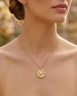 Collar de acero con baño de oro, compuesto por una cadena fina de eslabones y un dije circular tipo medalla con diseño de estrella central y circonias multicolor incrustadas.