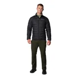 Campera de plumas Columbia modelo Delta Ridge II, color negro, con tecnología HeatSeal™ de construcción sin costuras y forro termorreflectante Omni-Heat™. Presenta cierre frontal completo, cuello alto con protección para la barbilla y bolsillos laterales con cremallera.
