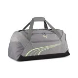 Bolso deportivo Puma modelo Fundamentals, color gris con detalles en verde lima. Cuenta con compartimento principal con cierre, bolsillo frontal con cierre, correas de mano con agarre acolchado y bolsillo lateral de malla.