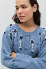 Saco de punto color rosa, con cuello redondo, cierre frontal con botones forrados en crochet y mangas largas. Presenta un delicado bordado floral artesanal que cae desde los hombros y detalles de calados en los puños y el ruedo.