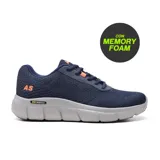 Championes deportivos American Sport modelo Nimbus, color azul marino con detalles en naranja. Presentan capellada de malla transpirable, entresuela gruesa gris con tecnología antideslizante (Slip Resistant) y plantilla con Memory Foam.