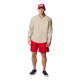 Camisa de manga larga Columbia modelo Tamiami II, color beige, confeccionada en tejido ripstop ultraligero con tecnología Omni-Wick y protección solar Omni-Shade UPF 40. Presenta cuello con botones, dos bolsillos frontales con solapa, mangas arremangables y aberturas de ventilación con malla en la espalda.