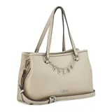 Cartera Guess modelo Angelica de color gris, con diseño estructurado de símil cuero, doble asa superior y correa ajustable. Presenta detalles de herrajes plateados, un charm colgante con las letras de la marca y el logo frontal impreso.