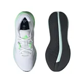 Championes de running Adidas Galaxy 7 para mujer, color blanco con detalles en verde menta y verde neón. Presentan un upper de malla textil transpirable, cierre de cordones, mediasuela Cloudfoam para amortiguación y suela de TPU.