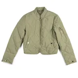 Campera corta verde militar con diseño acolchado, cuello redondo y cierre frontal.