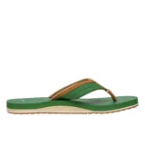 Ojotas Sanuk modelo Ziggy, con base verde y suela de tres capas en tonos verde, beige y marrón. Presenta tiras superiores combinadas en color verde y marrón.