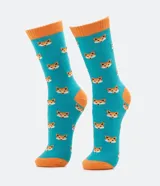 Medias de caña larga, color turquesa, con estampado repetitivo de cabezas de zorro en tonos naranja y marrón. Tienen puño, talón y puntera en color naranja.