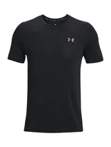 Remera deportiva Under Armour UA Rush Seamless Leg de color negro, con diseño de manga corta y cuello redondo. Cuenta con tejido de punto suave, ventilación de malla estratégica, logotipos iridiscentes y tecnología infrarroja UA RUSH.