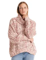 Buzo tejido en punto aran con cuello volcado y mangas largas con puño. Presenta un diseño jaspeado en tonos rosados y beige.