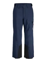 Pantalón técnico de esquí en color azul marino, impermeable y cortaviento. Presenta un diseño de tiro alto con cierre de cremallera, bolsillos laterales y refuerzos en color negro en la parte inferior de las piernas. Incluye protección antinieve y polainas internas.