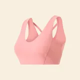 Sujetador deportivo de sujeción media color rosa, con diseño de escote redondo y espalda cruzada.