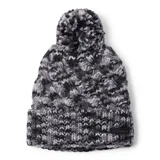 Gorro de lana tejido con diseño de ochos en tonos grises y negros, con pompón superior y vuelta en el borde. Incluye etiqueta de marca en el frente.