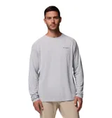 Remera de manga larga Columbia PFG, confeccionada en tejido técnico con tecnología Omni-Wick para absorción de humedad y Omni-Shade para protección solar UPF 50. Presenta cuello redondo, mangas raglán y logo de la marca estampado en el pecho.
