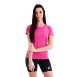 Remera deportiva Asics para mujer, color fucsia, con cuello redondo, manga corta y el logo de la marca estampado en el pecho.