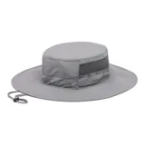Sombrero tipo booney de la marca Columbia, color gris, con ala ancha, paneles laterales de malla para ventilación y cordón ajustable con tope en la barbilla.