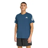 Remera deportiva Adidas de manga corta, color azul marino, con el logo de la marca en el pecho y las tres tiras características en las mangas en color blanco.