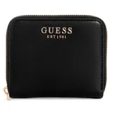 Billetera Guess Laurel negra con cierre de cremallera y logo dorado.