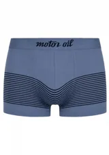Bóxer de algodón color azul con rayas horizontales oscuras en la parte inferior y cintura elástica con el texto "motor oil".