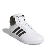 Championes Adidas Hoops 4.0 Mid de caña media, color blanco con detalles en negro en las tres tiras laterales y en el cuello.