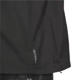 Campera deportiva Adidas Run It negra con capucha, cierre frontal completo, logo de la marca en el pecho y detalles reflectantes.