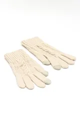 Guantes de punto beige con diseño de ochos y detalles en color verde claro en las puntas de los dedos pulgar e índice.