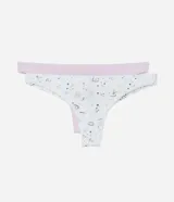 Kit de dos bombachas modelo bikini de microfibra, una lisa en color rosado y otra estampada con motivos de ojos, estrellas y lunas sobre fondo blanco. Ambas cuentan con un pequeño lazo decorativo en la parte frontal y diseño de hilo doble en la parte trasera.