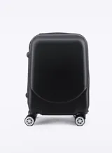 Valija rígida color negro con ruedas desmontables y manija retráctil.