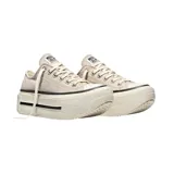 Championes Converse modelo Chuck Taylor Double Stack Ox, de corte bajo con plataforma elevada. Presentan capellada de lona en color beige, cordones al tono y suela de goma con franjas negras decorativas.