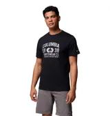 Remera negra de manga corta con estampado gráfico de la marca Columbia en el pecho.