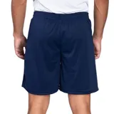 Short deportivo azul marino de poliéster con cintura elástica y cordón ajustable.