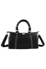 Cartera de mano tipo bowling color negro, con detalles de tachas metálicas plateadas en el frente y logo de la marca en el centro. Incluye doble asa superior y correa larga ajustable y extraíble.