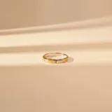 Anillo de diseño minimalista fabricado en una combinación de plata y oro, con una fina línea vertical decorativa en el centro.