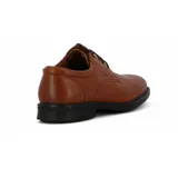 Zapato acordonado de cuero color marrón claro con suela negra.