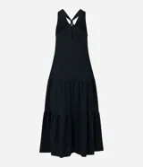 Vestido midi de corte evasé confeccionado en tejido piquet color negro. Presenta un diseño sin mangas con escote en V, breteles anchos cruzados en la espalda con detalle de nudo y falda con recortes de volados en la parte inferior.