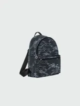 Mochila Longchamp Le Pliage de denim azul con estampado de caballos blancos.