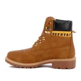Bota acordonada color camel con suela marrón y logo de la marca en la lengüeta y el lateral.
