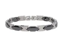 Pulsera de eslabones de acero inoxidable plateado y cerámica negra con cierre de hebilla.