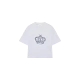Remera oversize gris melange de manga corta, con cuello redondo y diseño gráfico de corona bordada o estampada en el centro del pecho.