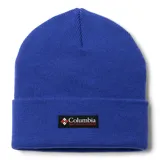 Gorro tipo beanie de tejido de punto en color azul, con diseño de puño enrollado y parche rectangular con el logo de la marca en el frente.