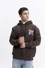 Canguro con capucha de algodón color celeste, con estampa gráfica en la espalda que incluye flores y la frase 'Grow Back'. Presenta un parche pequeño en la manga y corte regular.