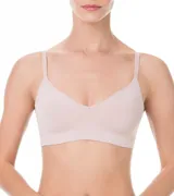 Soutien top blanco de microfibra, sin aro ni relleno, con breteles finos y espalda deportiva.