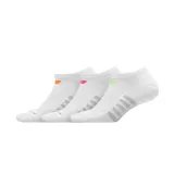 Pack de tres pares de medias blancas tobilleras deportivas, con logo de New Balance en colores neón (naranja, fucsia y verde) y refuerzo en el arco del pie.